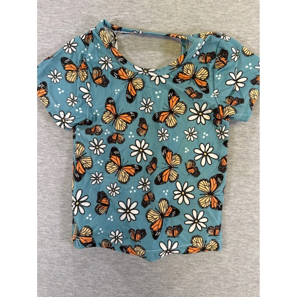 Infant Toddler Butterfly Floral‎ Top and Black Bummies 2 Piece Set Teal